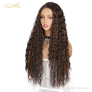 Long Hair Heat Resistant Classic Kinky Curly Mixed Black Brown Synthetic Lace Front Wigs Natural Hairline